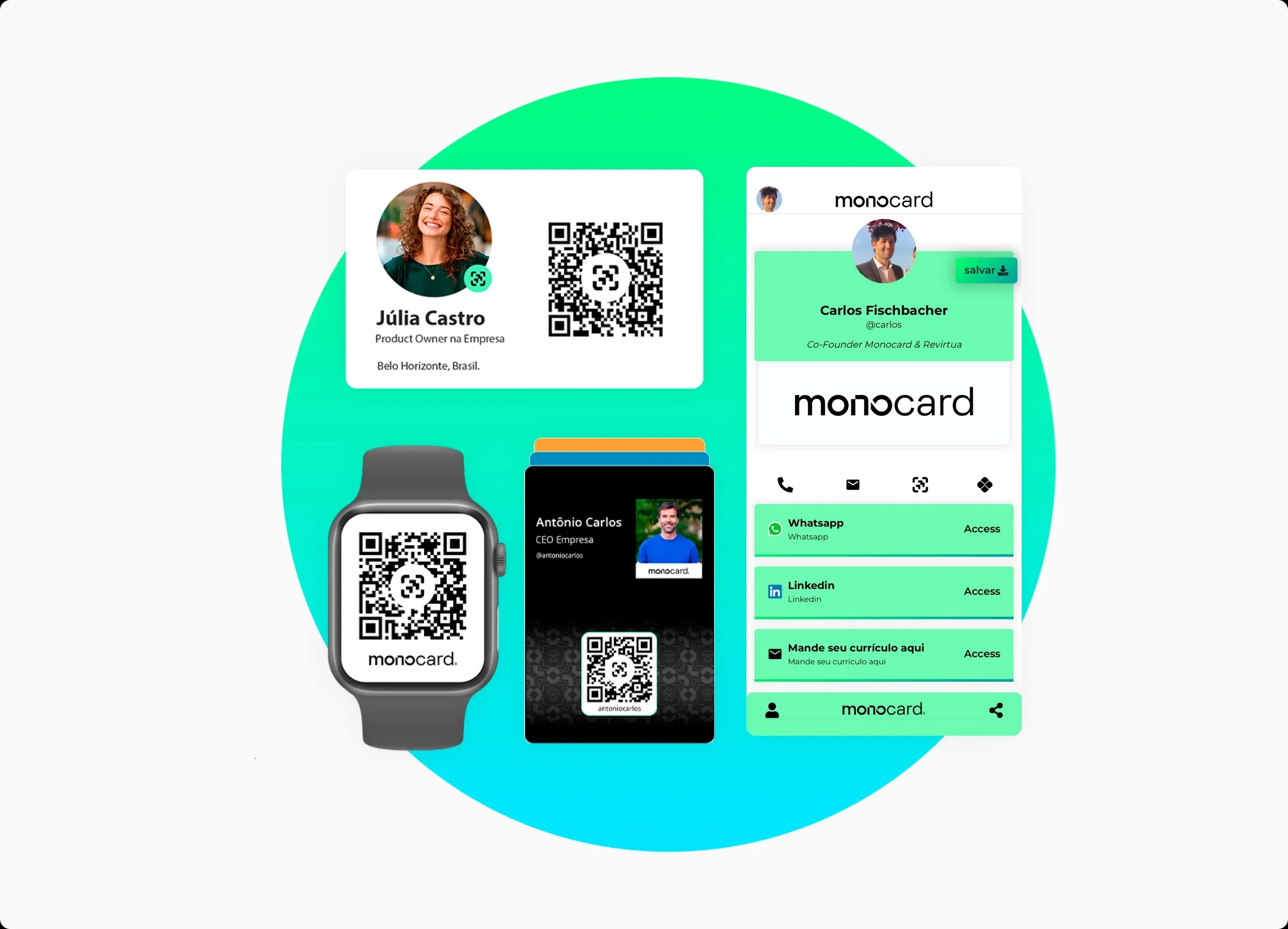 Exemplos de cartões de visita virtuais exibidos em diferentes formatos, incluindo smartwatch, cartão na wallet digital com QR Code e perfil online. Destaque para a integração de informações de contato e múltiplas opções de compartilhamento.