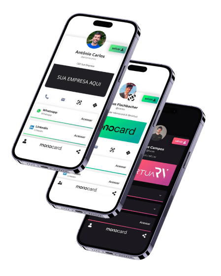 Três cartoes de visita digitais expostos em telas de smartphones.