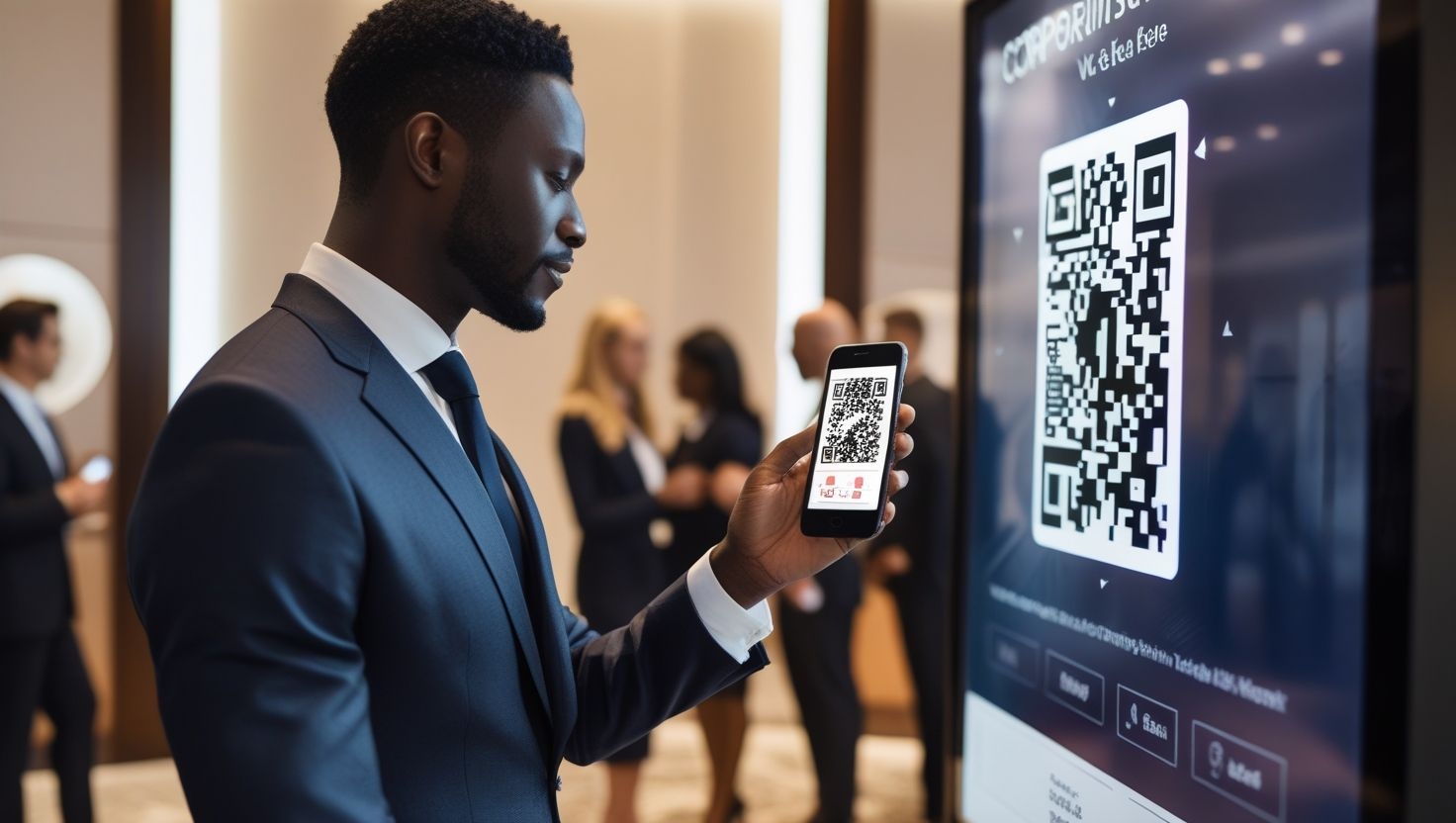 Homem de roupa formal, em um evento corporativo escaneando uma tela com um QR Code em seu celular. Pessoas conversam em grupos no fundo.