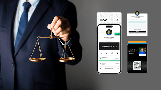 homem de terno segurando uma balança, ao lado cartão de visita digital para advogado